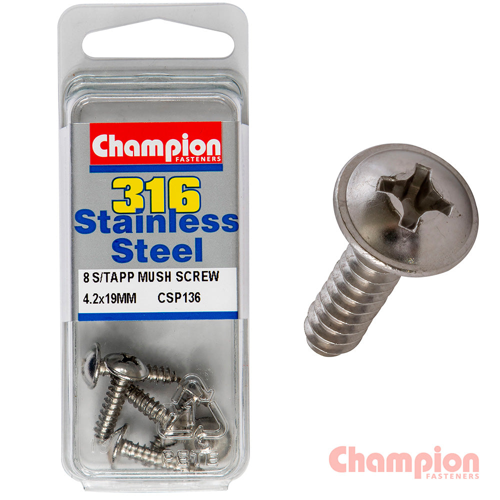 Champion S/Tapping Screws - Mushroom Head - 4.2 x 19mm (8 Pack)