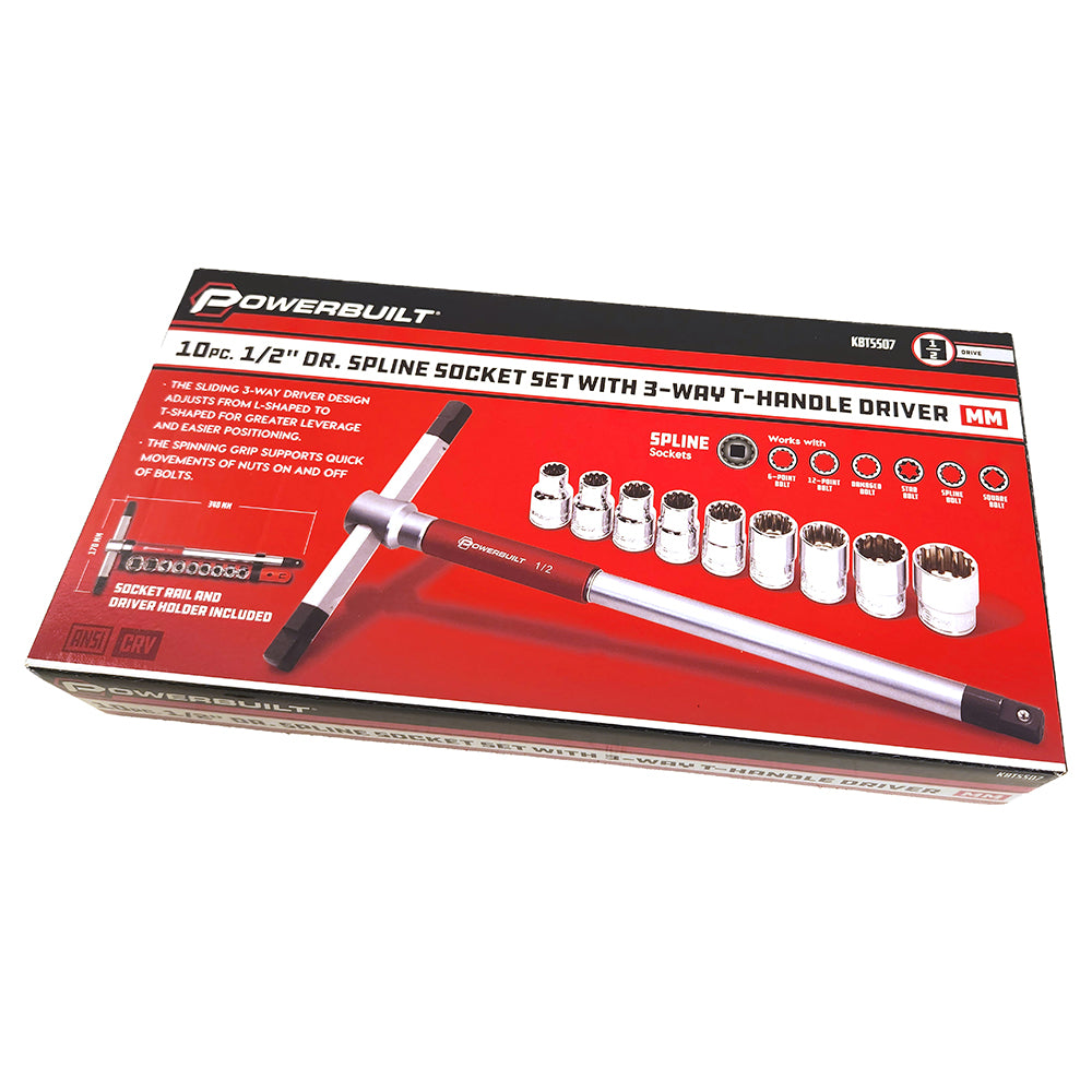 Powerbuilt 1/2Dr 10Pc Spline Socket Set With 3-Way T-Handle Driver