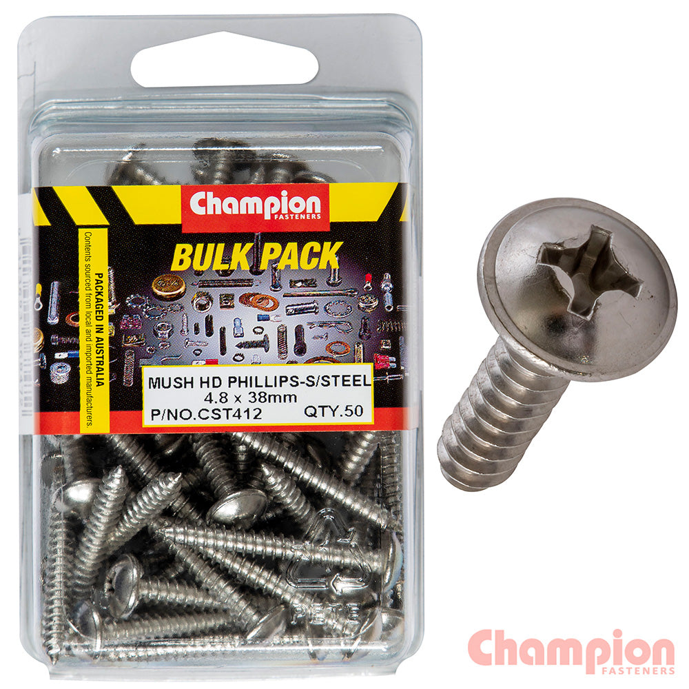 Champion S/Tapping Screws - Mushroom Head  - 4.8 x 38mm (50 Pack)