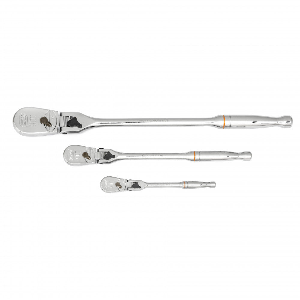 3Pc. 1/4", 3/8" & 1/2" Drive 90T Locking Flex Head Teardrop Ratchet Set