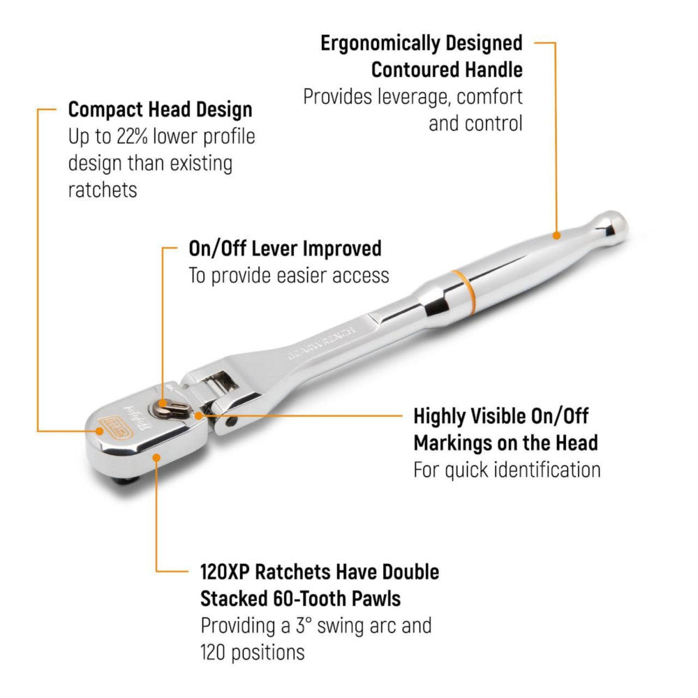 GEARWRENCH 1/4in. Drive 120XP™ Full Polish Chrome Flex Head Teardrop Ratchet