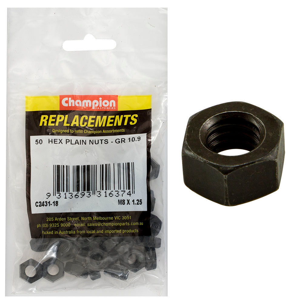 Champion Hex Plain Nuts High Tensile M8 X1.25mm - 50 Pack