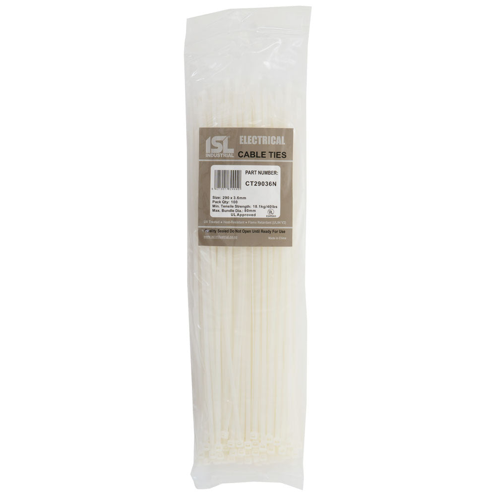 Isl 290 x 3.6mm Nylon Cable Tie - Nat. - 100Pk