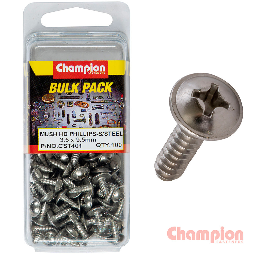 Champion S/Tapping Screws - Mushroom Head - 3.5 x 9.5mm (100 Pack)