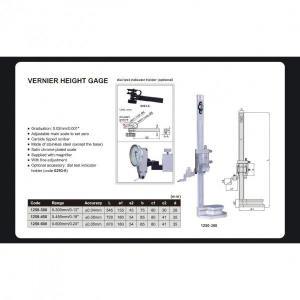 Vernier Height Gauge 0-300mm/12" x 0.02mm / 0.001" Insize 1250-300