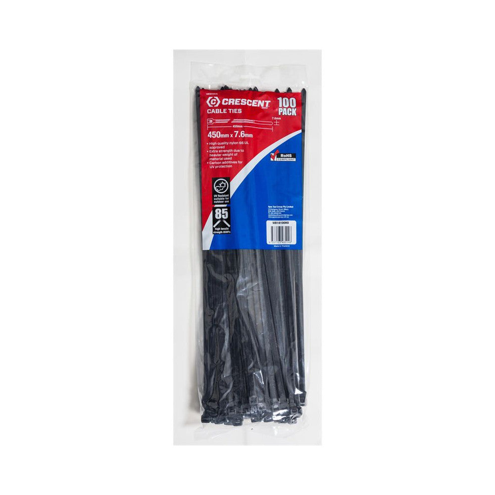 Crescent Cable Tie Heavy Duty Black 450mm x 7.6mm 100Pk - WB18100HD