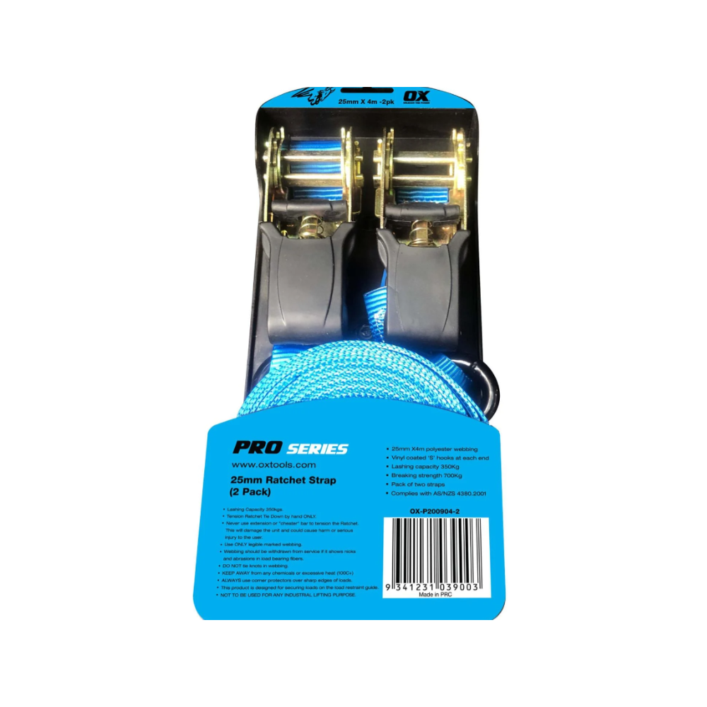 OX 25mm x 4m Ratchet Tie Down (2 Pack)
