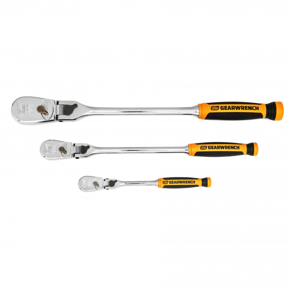 3 Pc 1/4”, 3/8” & 1/2” Drive 90-Tooth Cush Grip Locking Flex Head Ratchet Set