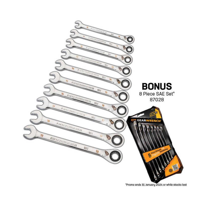 10 Piece 12 Point Metric 90T Reversible Ratcheting Wrench Set
