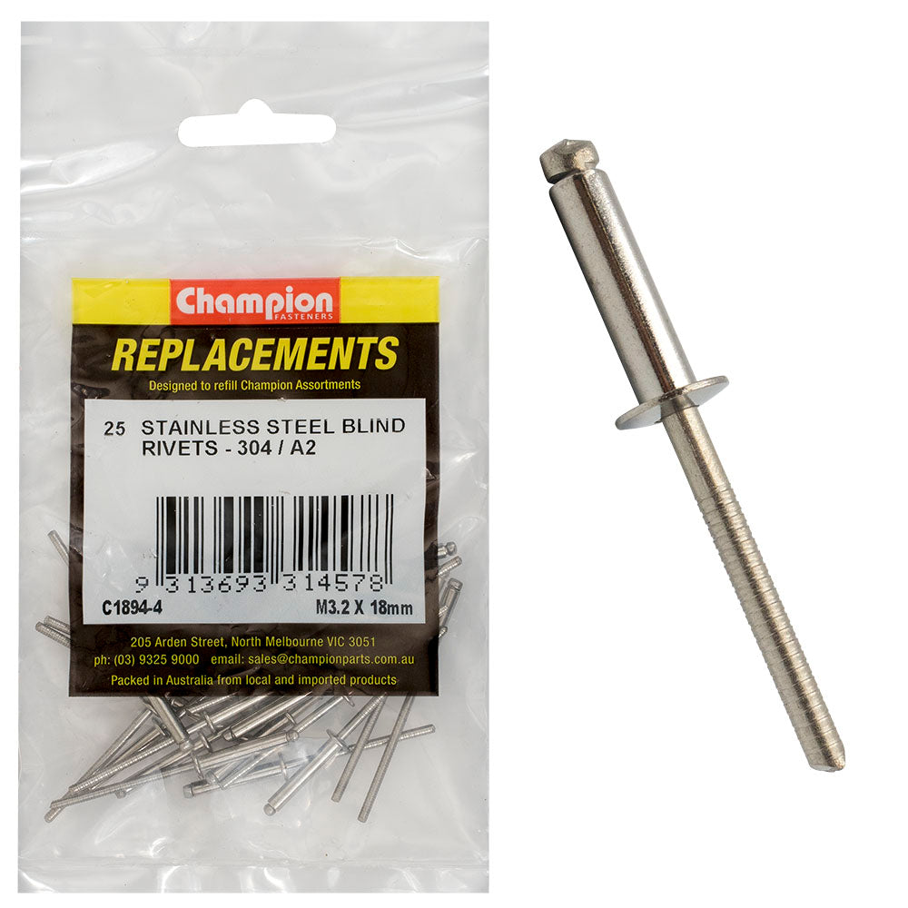 Champion 3.2mm x 18mm Blind Rivet -304/A2 -25 Pack