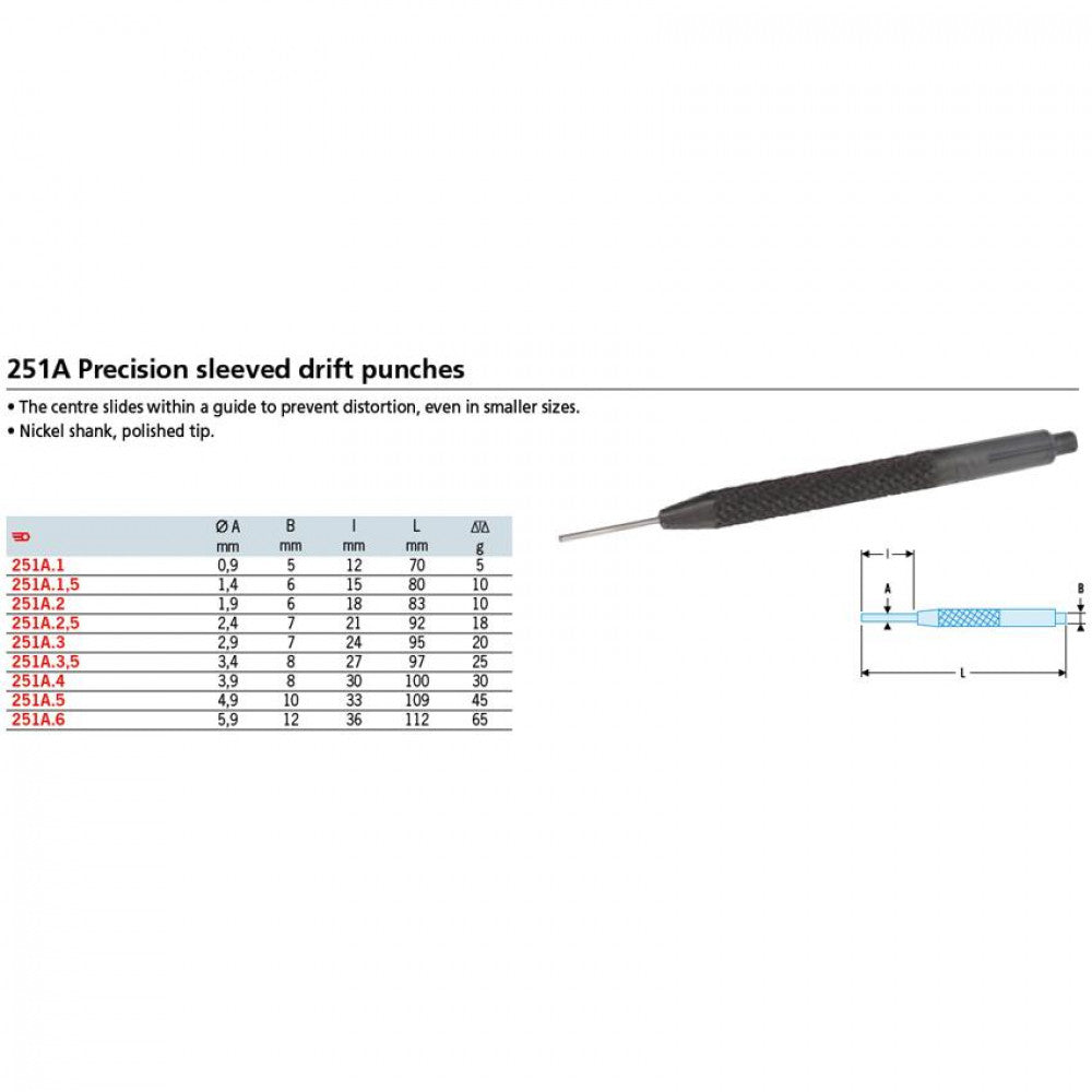 Pin Punch Sleeved 1.0x14x70mm Facom 251A.1