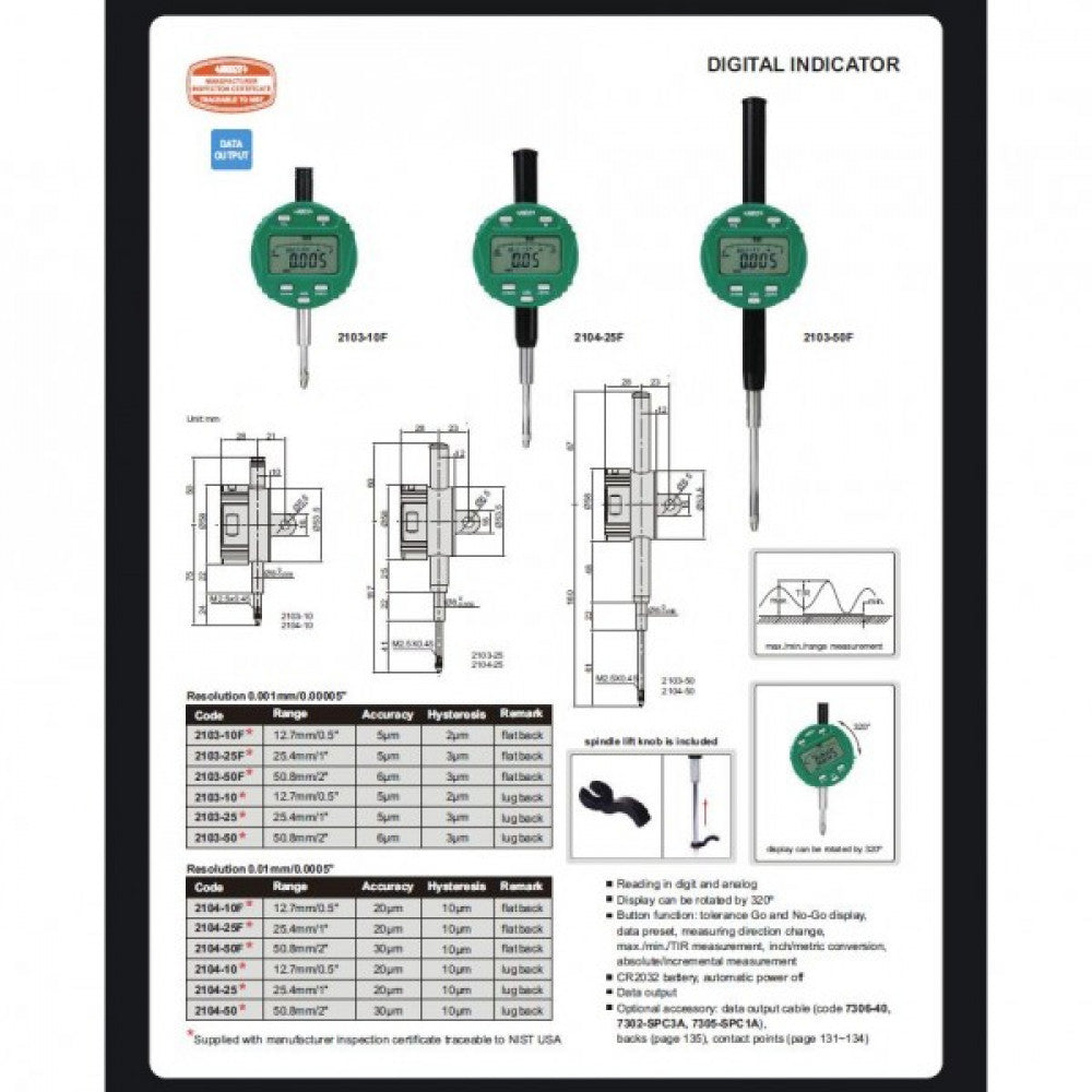 Insize Digital Indicator 12.7mm/.5" Range Lug Back