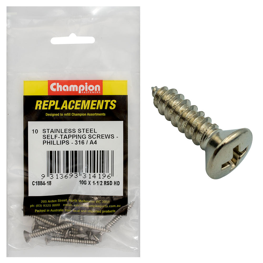 Champion 10G x 1-1/2in S/Tapping Screw-Rsd-Ph-316/A4 (10 Pack)