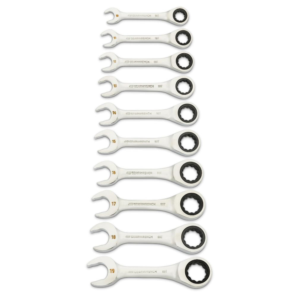 GEARWRENCH 10PC,90TTH,12Pt Metric Stubby Ratcheting Combination Wrench Set