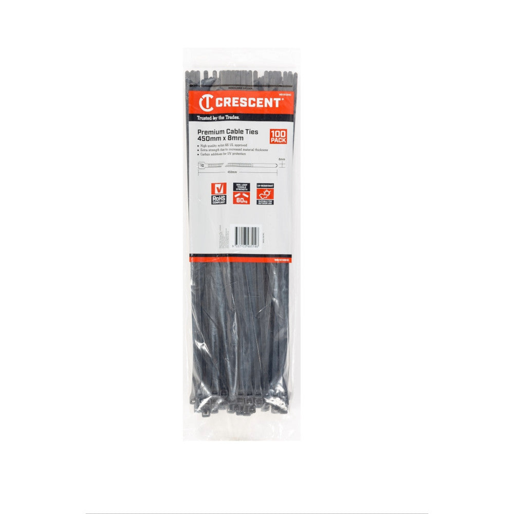 Crescent 450mm x 7.6mm Black Heavy Duty Cable Ties - 100 Pack