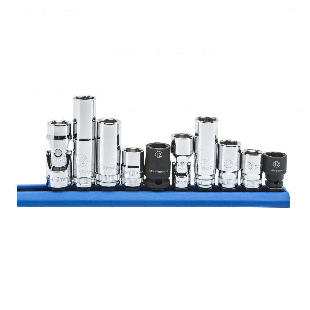 GEARWRENCH Socket Set 1/4" & 3/8" Drive 6pt 12mm Rail MET 10Pc