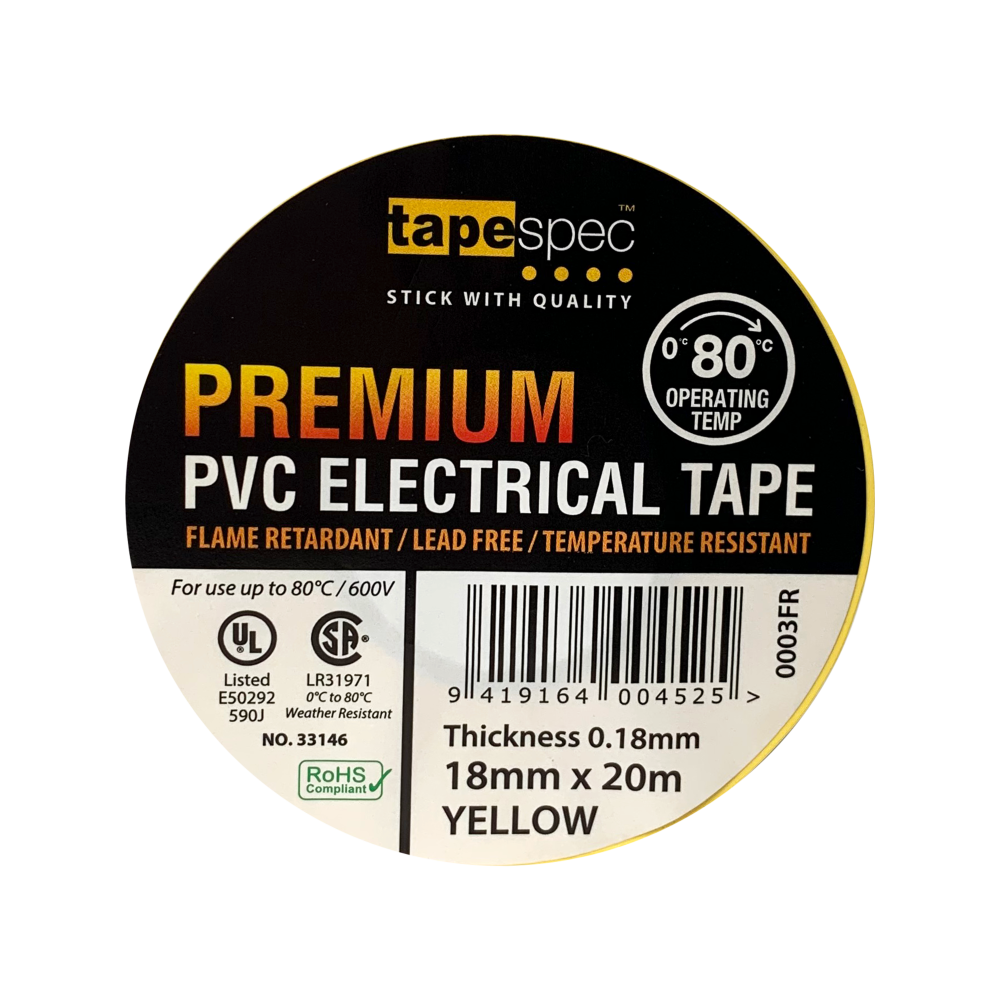 0003FR Yellow Premium PVC Electrical Tape 18mmx20m - MOQ - 10 Pack