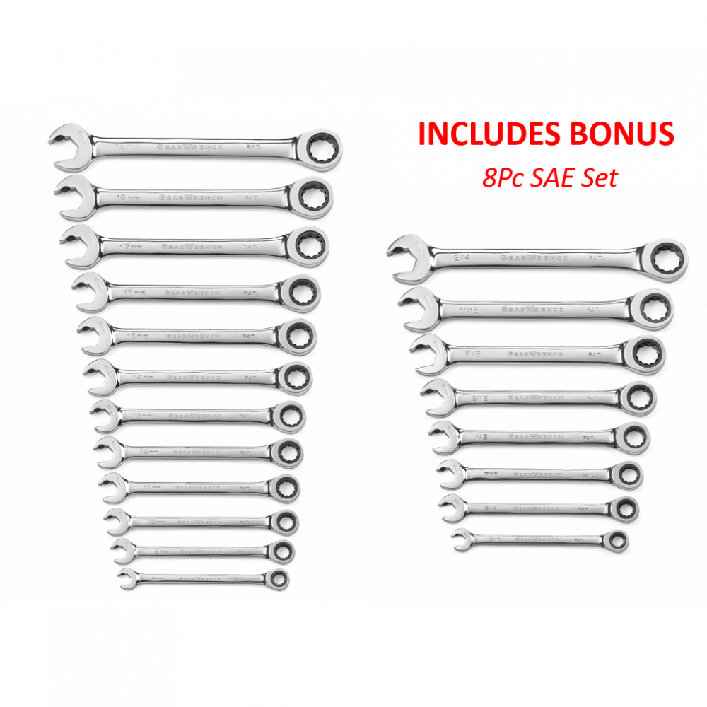 GEARWRENCH 12pc Open End Ratcheting Wrench Metric Set With BONUS 8Pc SAE Set