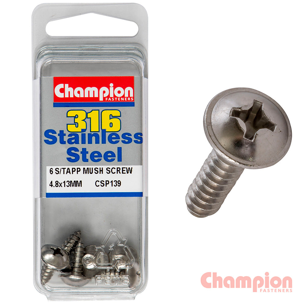 Champion S/Tapping Screws - Mushroom Head - 4.8 x 13mm (6 Pack)