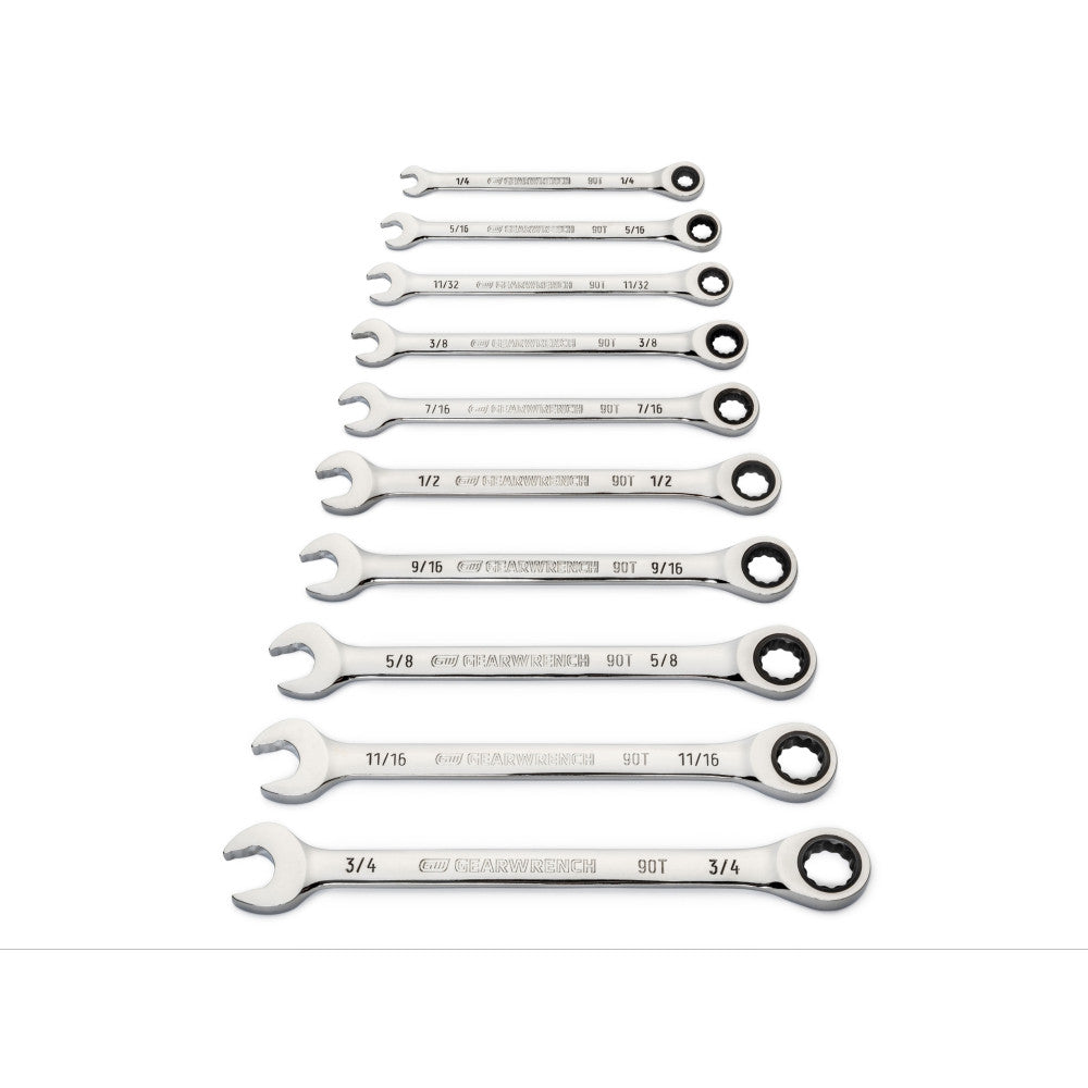 GEARWRENCH 10 Piece 90-Tooth 12 Point SAE Combination Ratcheting Wrench Set