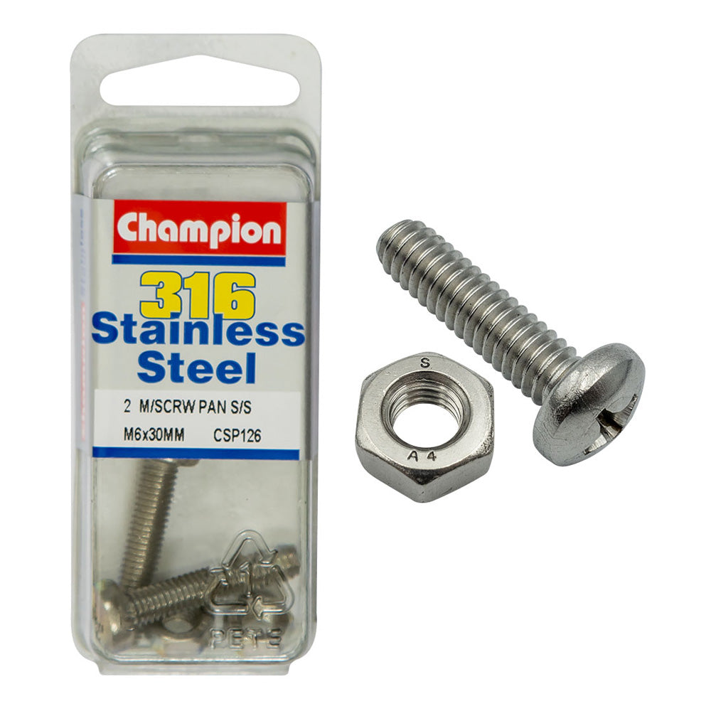 Champion Machine Screws Pan Phillips Ss M6 x 30mm (4 Pack)