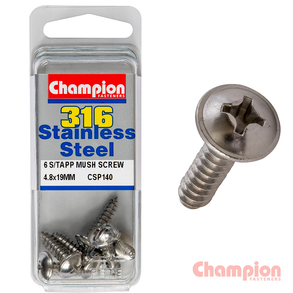 Champion S/Tapping Screws - Mushroom Head - 4.8 x 19mm (6 Pack)