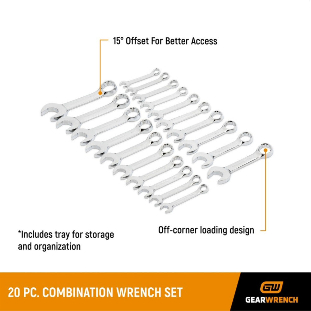 GEARWRENCH 20Pc 12-Point SAE & Metric Stubby Combination Wrench Set