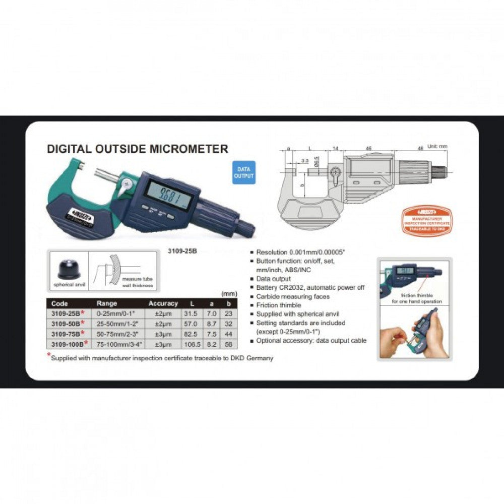 Outside Micrometer Digital 0-25mm/ 0-1" x .001 mm/0.00005" Insize 3109-25A
