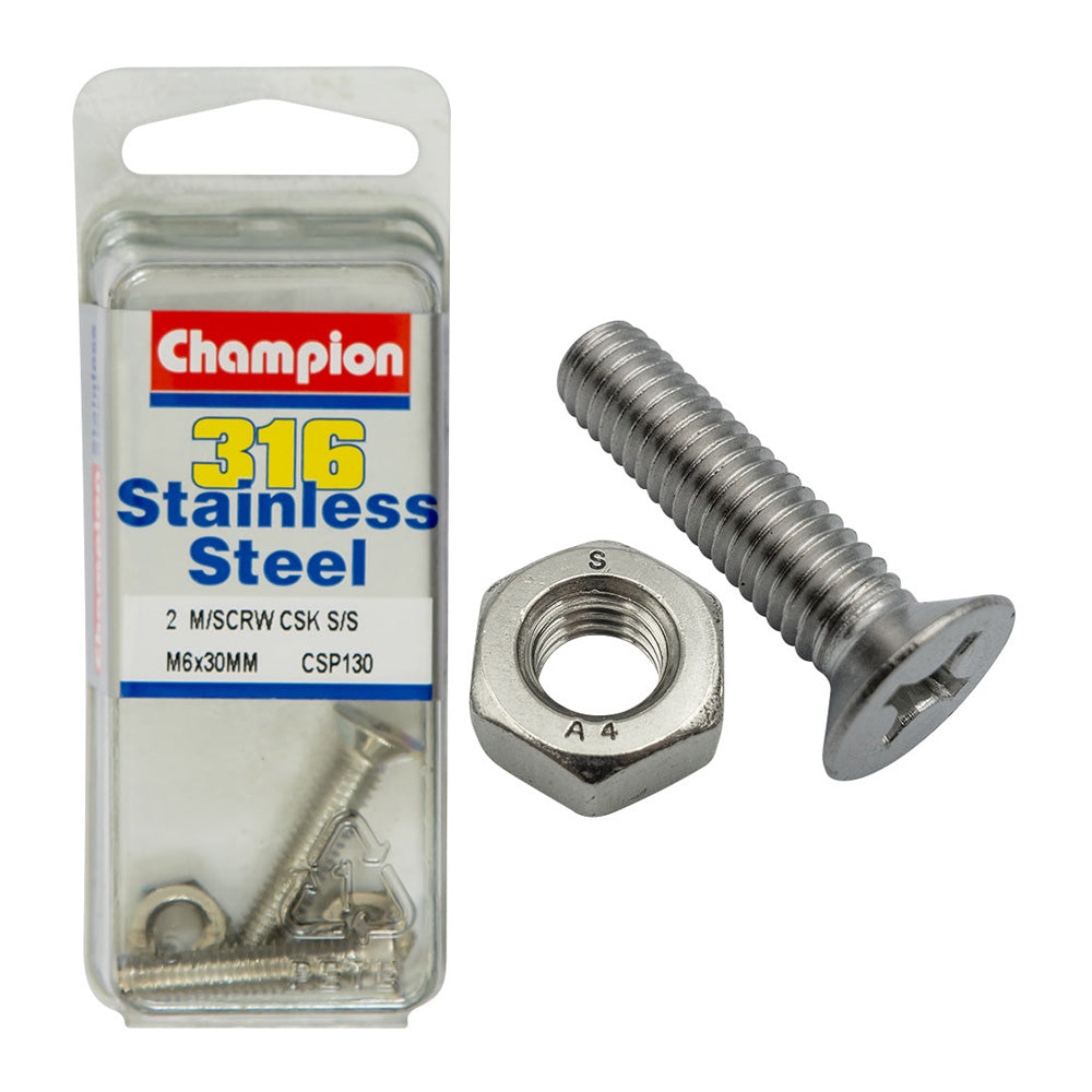 Champion Machine Screws Csk Phillips Ss M6 x 30mm (4 Pack)