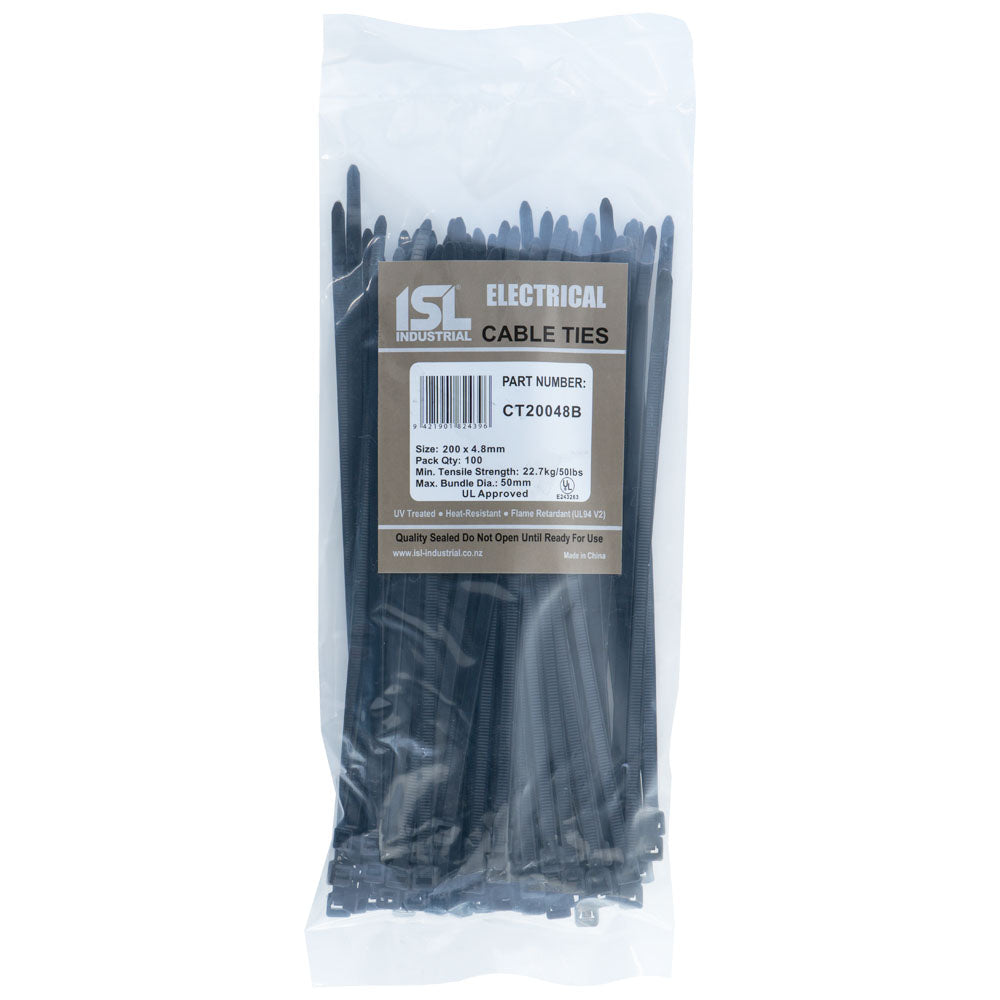 Isl 200 x 4.8mm Uv Nylon Cable Tie - Blk. - 100Pk