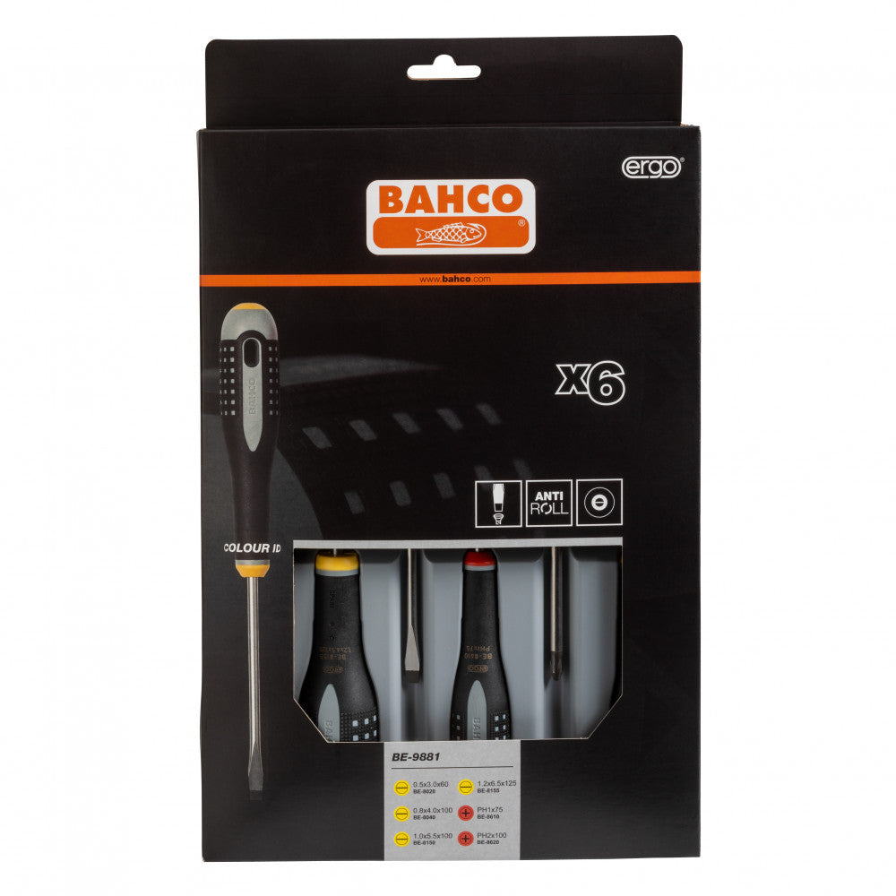 Bahco ERGOâ„¢ Slotted/Phillips Screwdriver Set With Rubber Grip - 6 Pcs