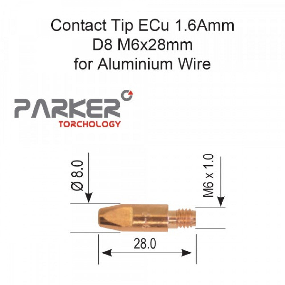 Contact Tip ECu 1.6Amm D8 M6 x 28mm (Alum) Pkt 10