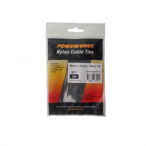 Cable Tie Black 80mm x 2.5mm Nylon UV 100pk