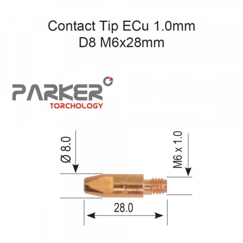 Contact Tip ECu 1.0mm D8 M6 x 28mm Pack Of 10