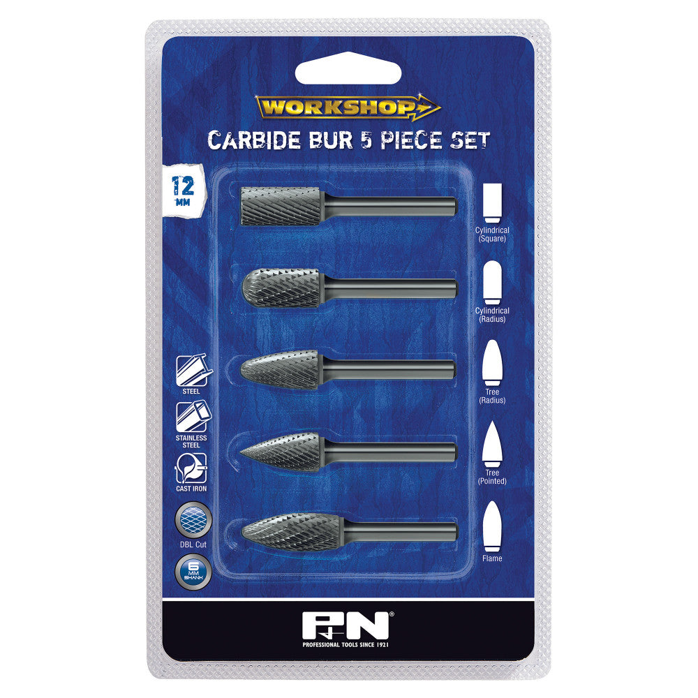 5 Piece P&N Carbide Burr Set 6mm Shank
