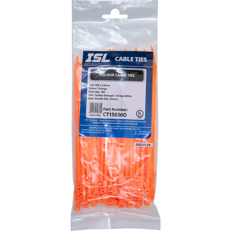 ISL 150 x 3.6mm Nylon Cable Tie - Orange - 100 Pack