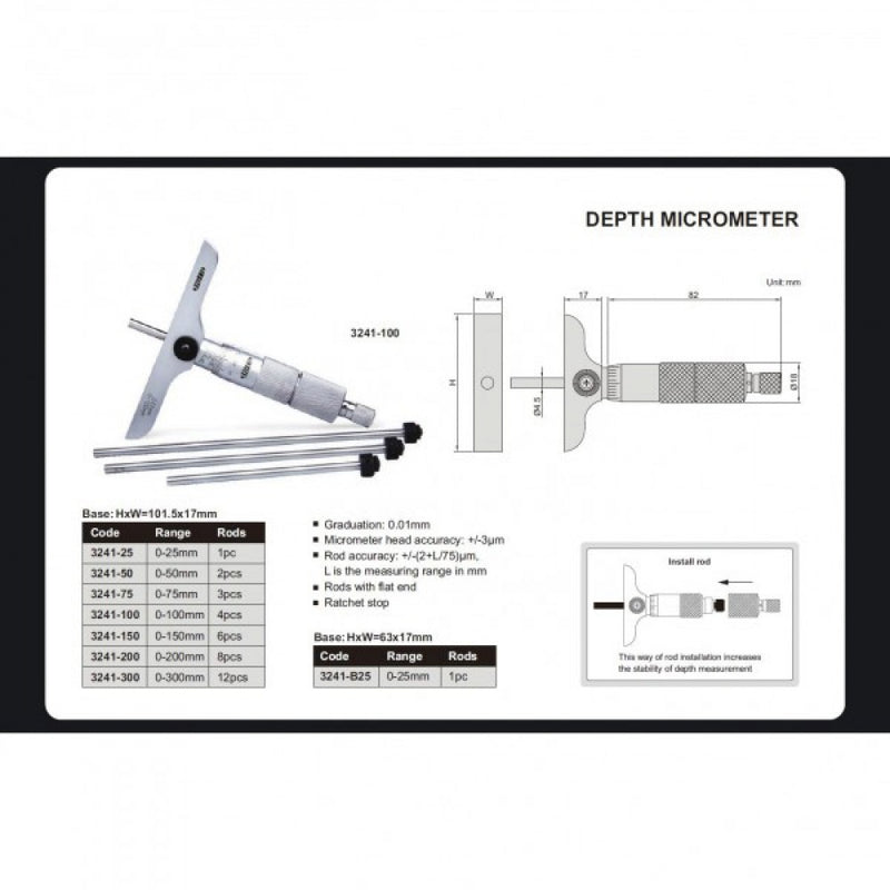 Insize 0-150mm x .01 Depth Micrometer