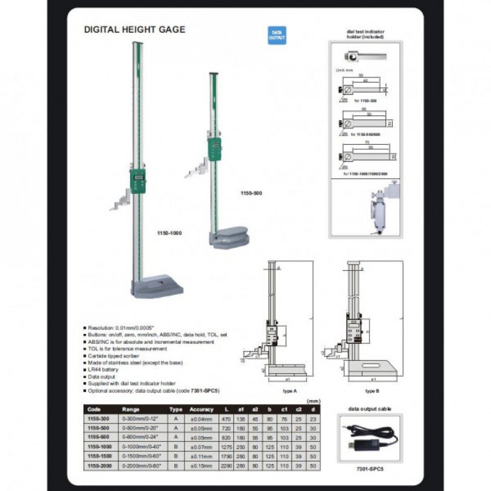 Digital Height Gauge 300mm/12" x 0.01 mm / 0.0005" Insize 1150-300