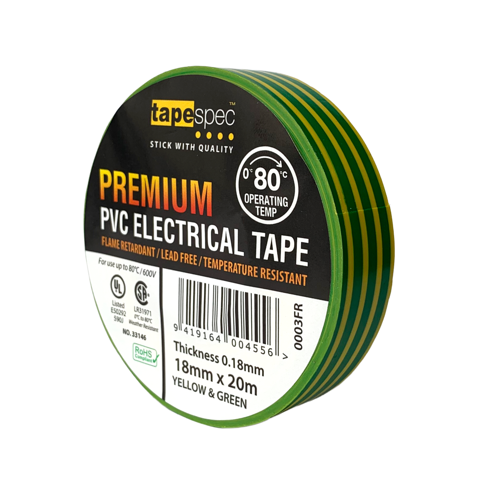 0003FR Yellow/Green Premium PVC Electrical Tape 18mmx20m - MOQ - 10 Pack
