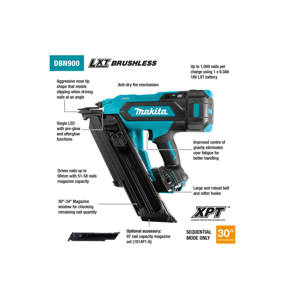 MAKITA 18V LXT Brushless 90mm 30-34° Framing Nailer DBN900ZK