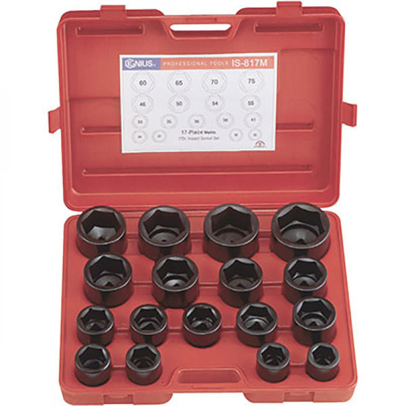 Genius 1" Drive 17Pc 6Pt Standard Metric Impact Socket Set