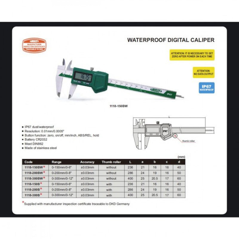 Digital Caliper IP67 Waterproof 300mm/12" 0.01mm/ .0005" Insize 1118-300B