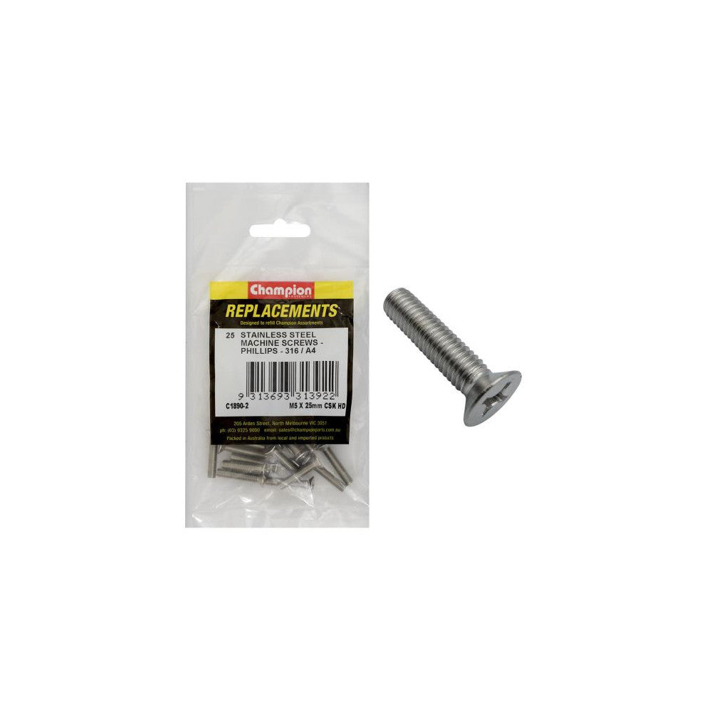 Champion M5 x 25mm Machine Screw -Csk -Ph -316/A4 -25pk