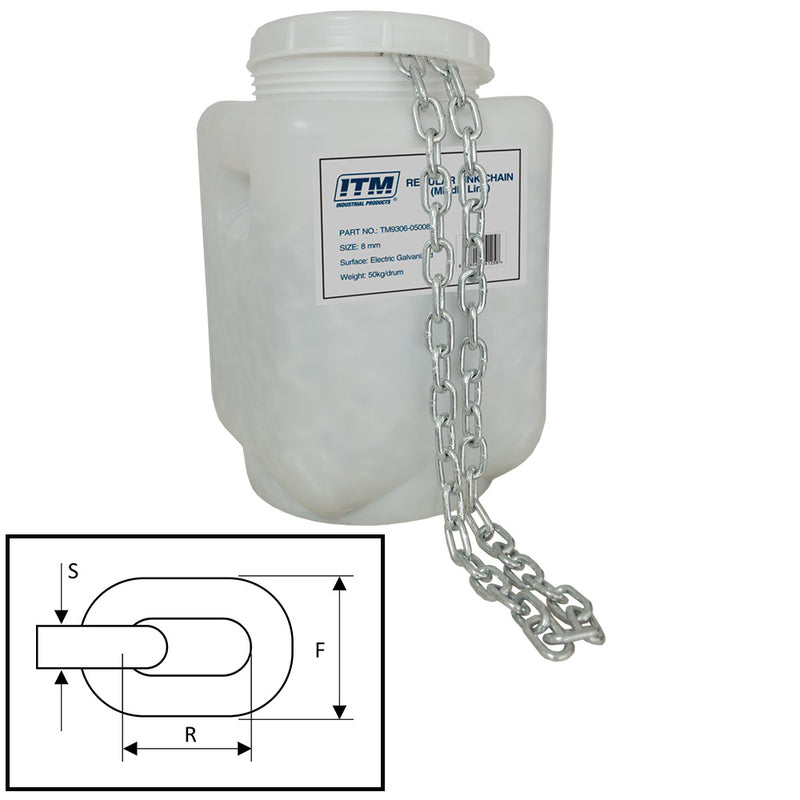 ITM Regular Link Chain-Electric Galv-50kg Drum-5mm Body