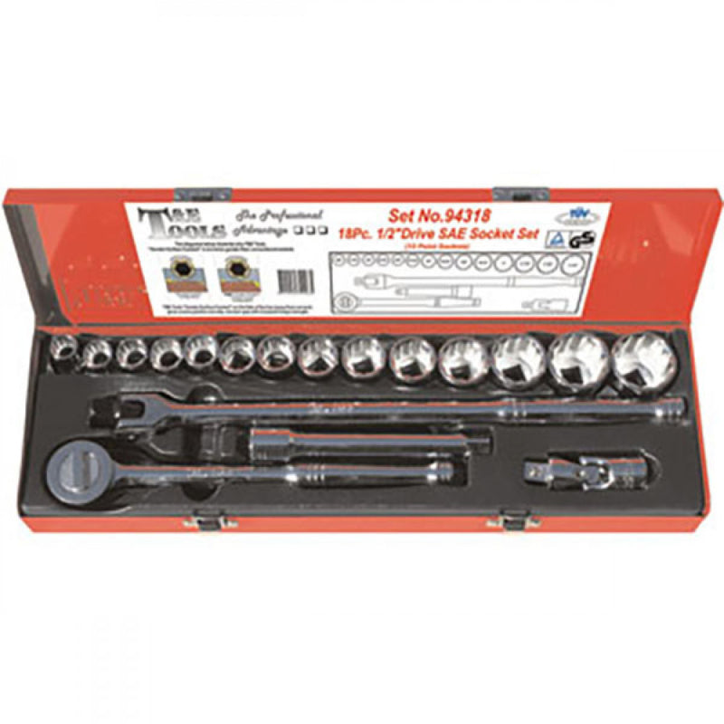 T&E Tools 1/2" Drive 3/8"-1.1/4"" 12Pt Standard Socket Set