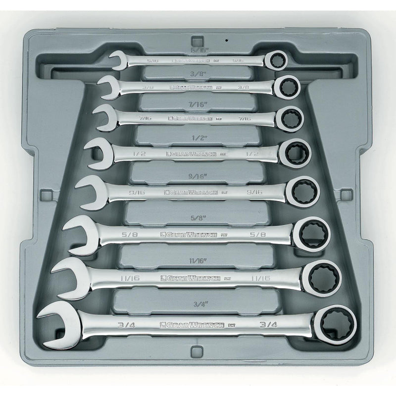 GearWrench Wrench Set Combination Ratcheting Tray SAE 8Pc