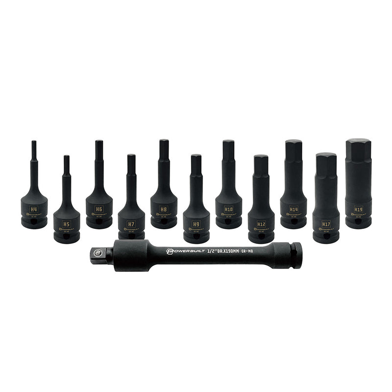 Powerbuilt 1/2" Dr 12pc Impact Long Hex Bit Socket Set