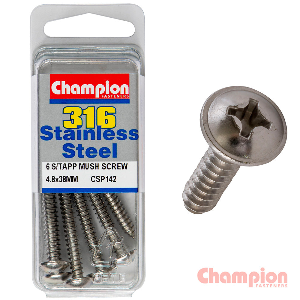 Champion S/Tapping Screws - Mushroom Head - 4.8 x 38mm (6 Pack)