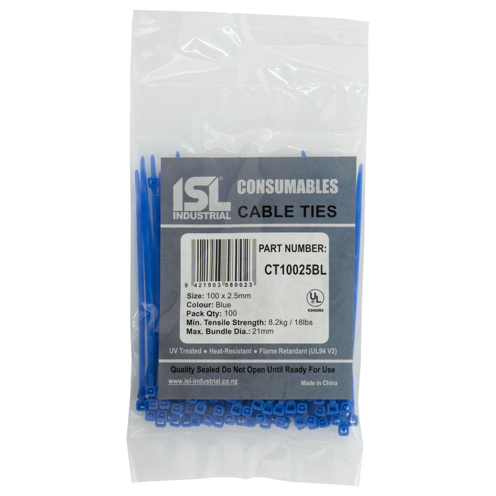 Isl 100 x 2.5mm Nylon Cable Tie - Blue - 100Pk