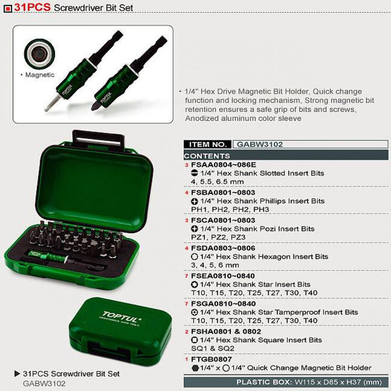 Screwdriver Bit Set 31pc Toptul  GABW3102